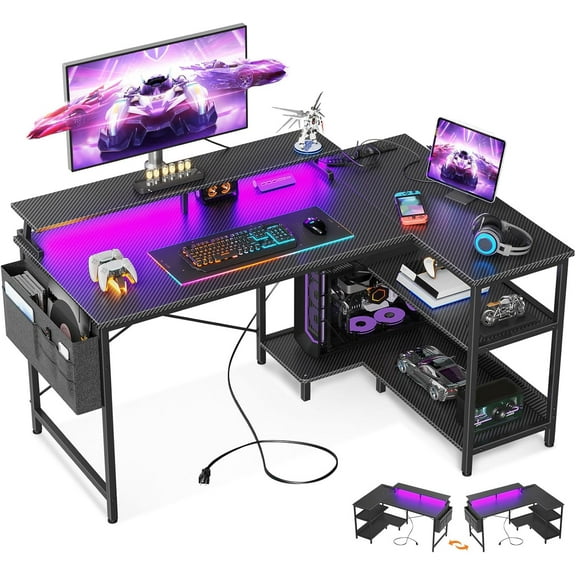 48 Inch Gaming Desk with USB Charging Ports and LED Lights, Reversible L Shaped Computer Desk with Storage Shelves & Monitor Stand, Corner Gamer Desk Table with Power Outlets, Black