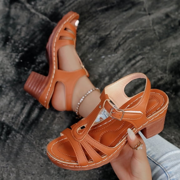 Miluxas Chunky Heeled Sandals for Womens Bohemian Cutout Open Toe Summer Sandals Ankle Strap Sandals Party Dress Sandals Brown 9.5(43)