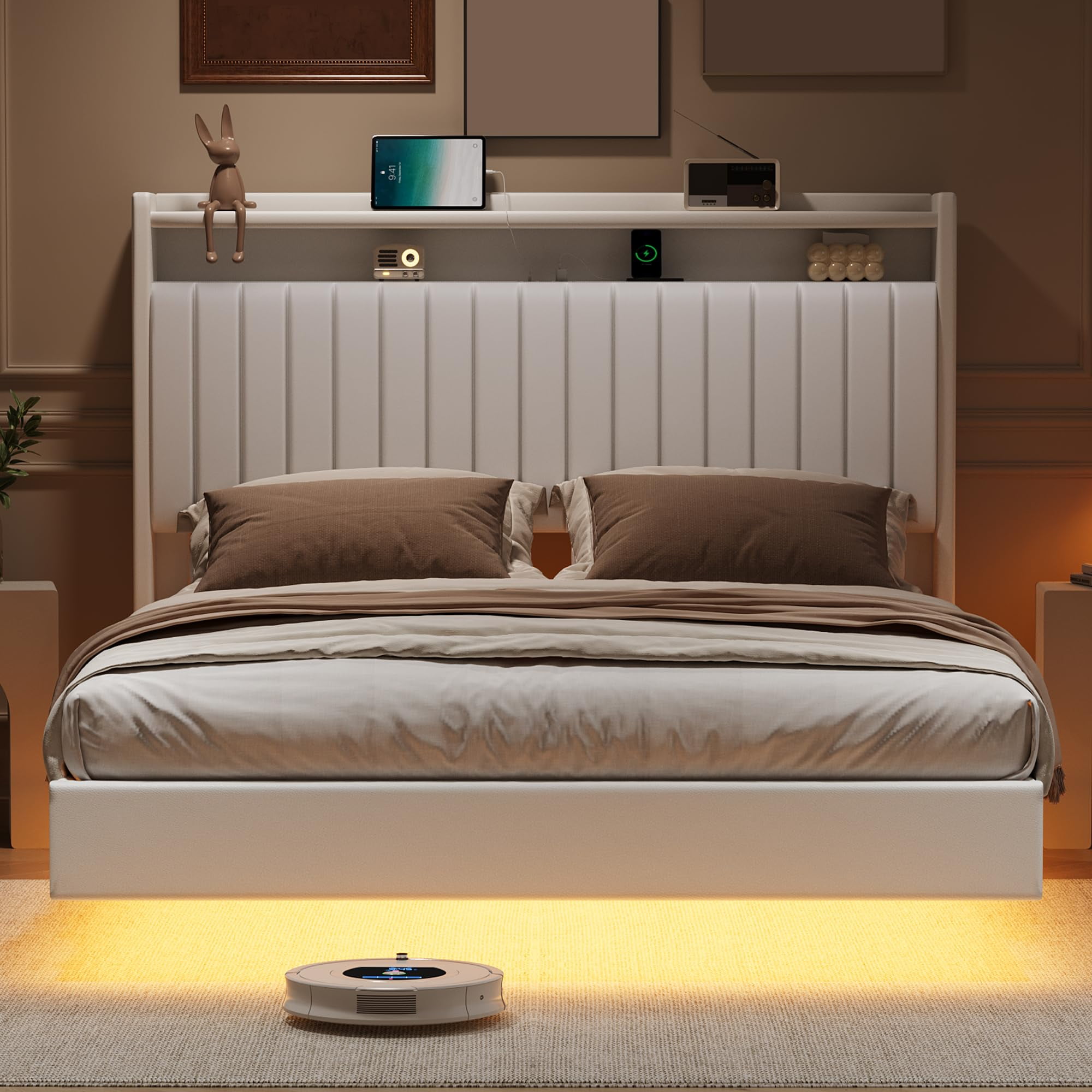 Towallmark Queen Size Floating Bed Frame with LED Lights & Charging Station,Upholstered Leather Platform Bed Frame with Headboard,50" Tall Floating Bed with Stable Structure,White