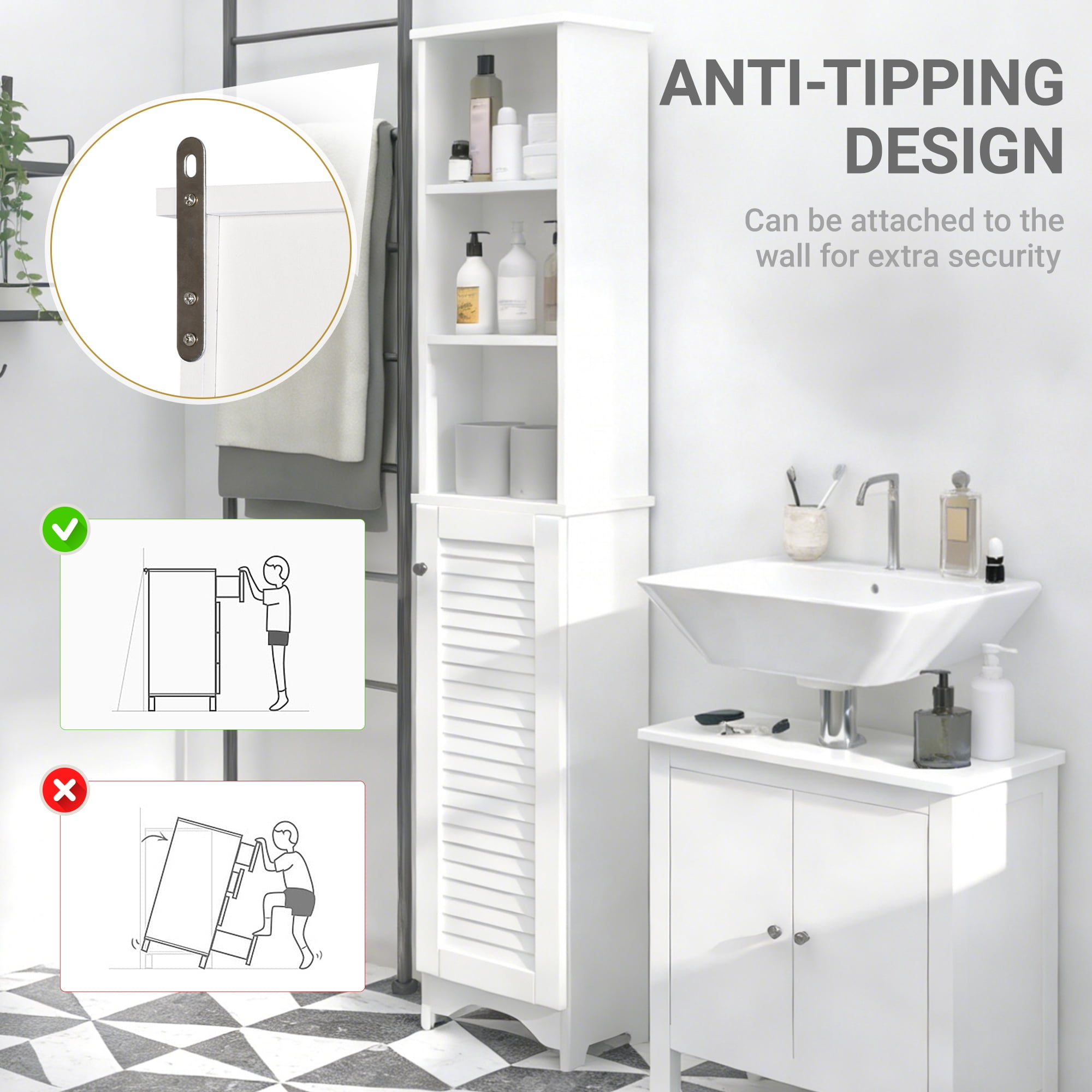 HOQBN Tall Bathroom Storage Cabinet, Freestanding Tower with 3-Tier Open Adjustable Shelf and Cupboard, White