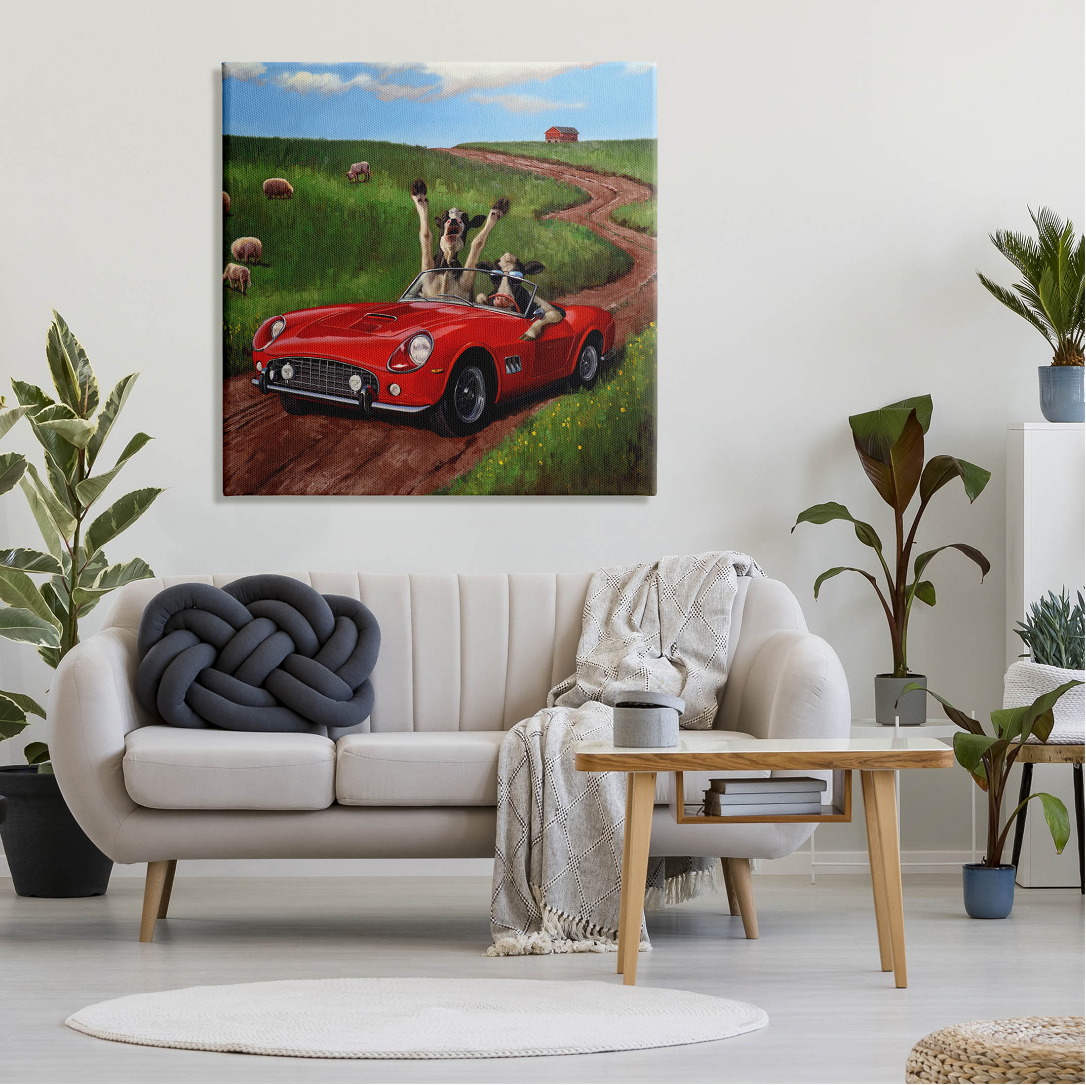 Road Trip Rural Cow Farmland Animals & Insects Painting Gallery Wrapped Canvas Print Wall Art