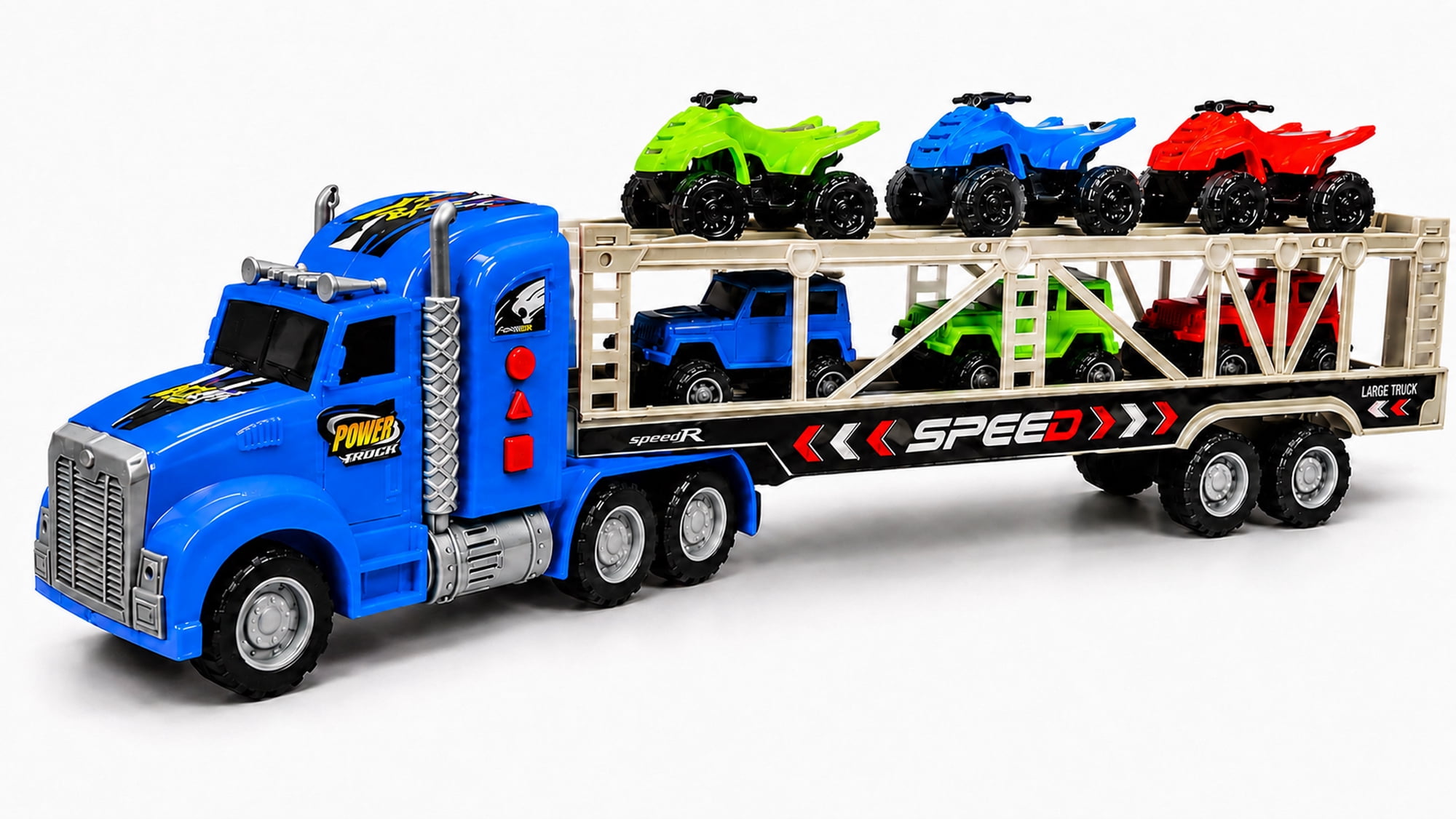 Friction Powered Toy Car Carrier Truck, 23 Inch Transport Trailer with 6 Mini Vehicles, Lights, Sounds, Opening Rear Door, Detachable Trailer