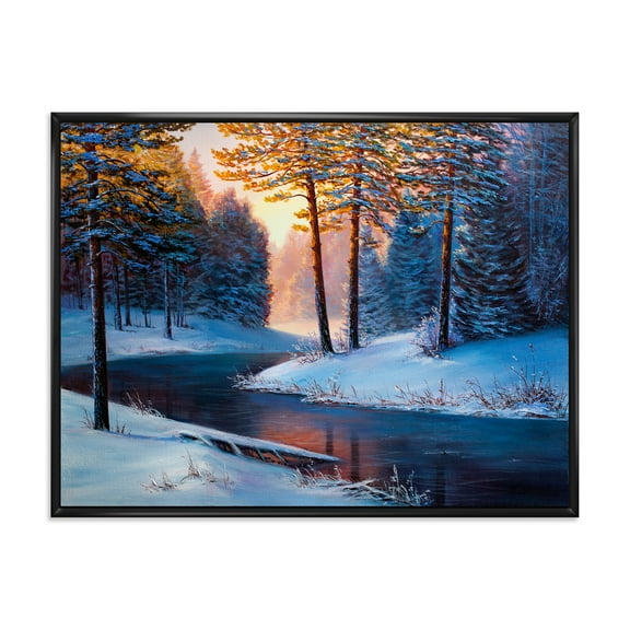 Designart 'Morning Glow Through The Christmas Forest By The River' Lake House Framed Canvas Wall Art Print