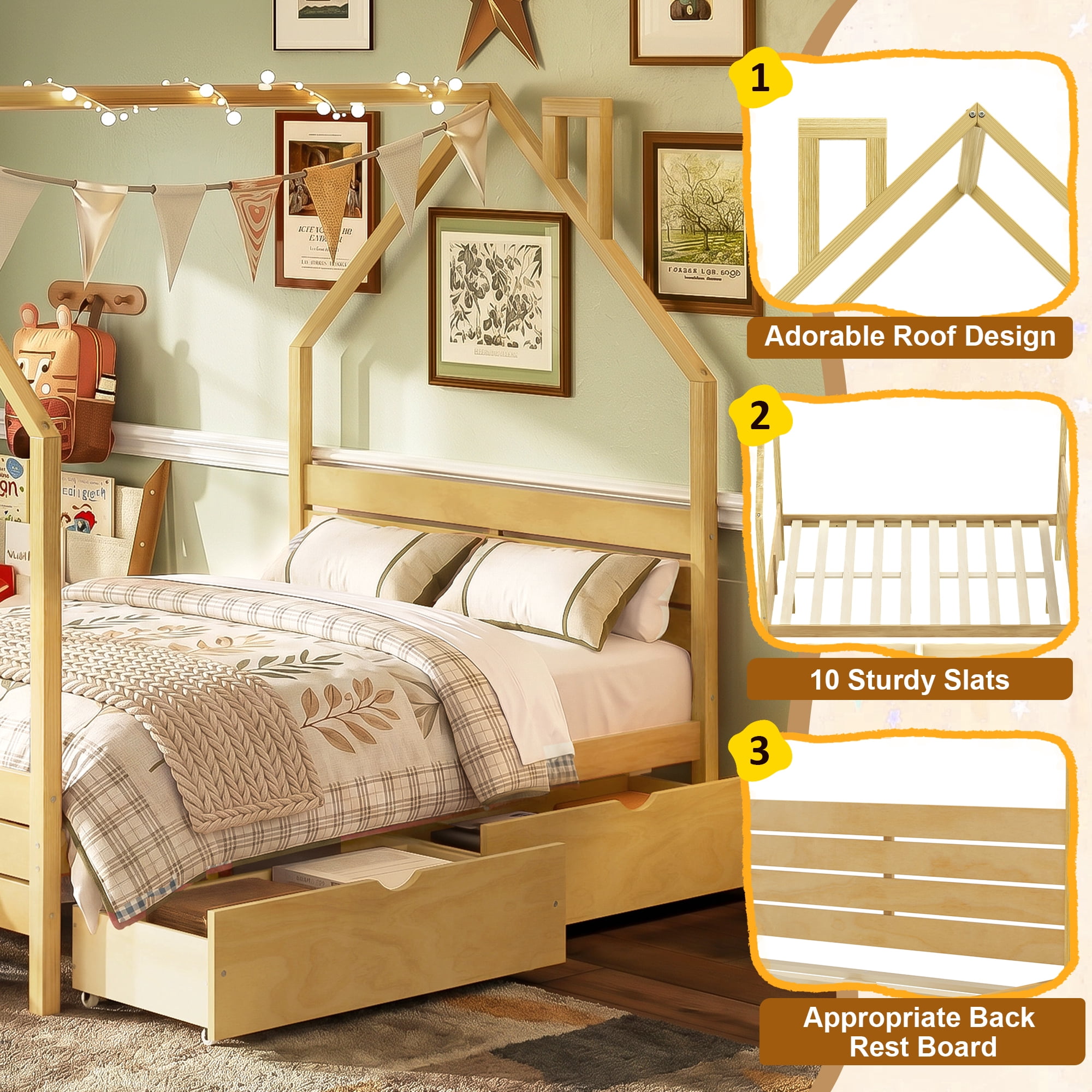 Mintazer Full Kids House Canopy Platform Bed with 2 Storage Drawers, Montessori Bed with Headboard for Bedroom, Natural