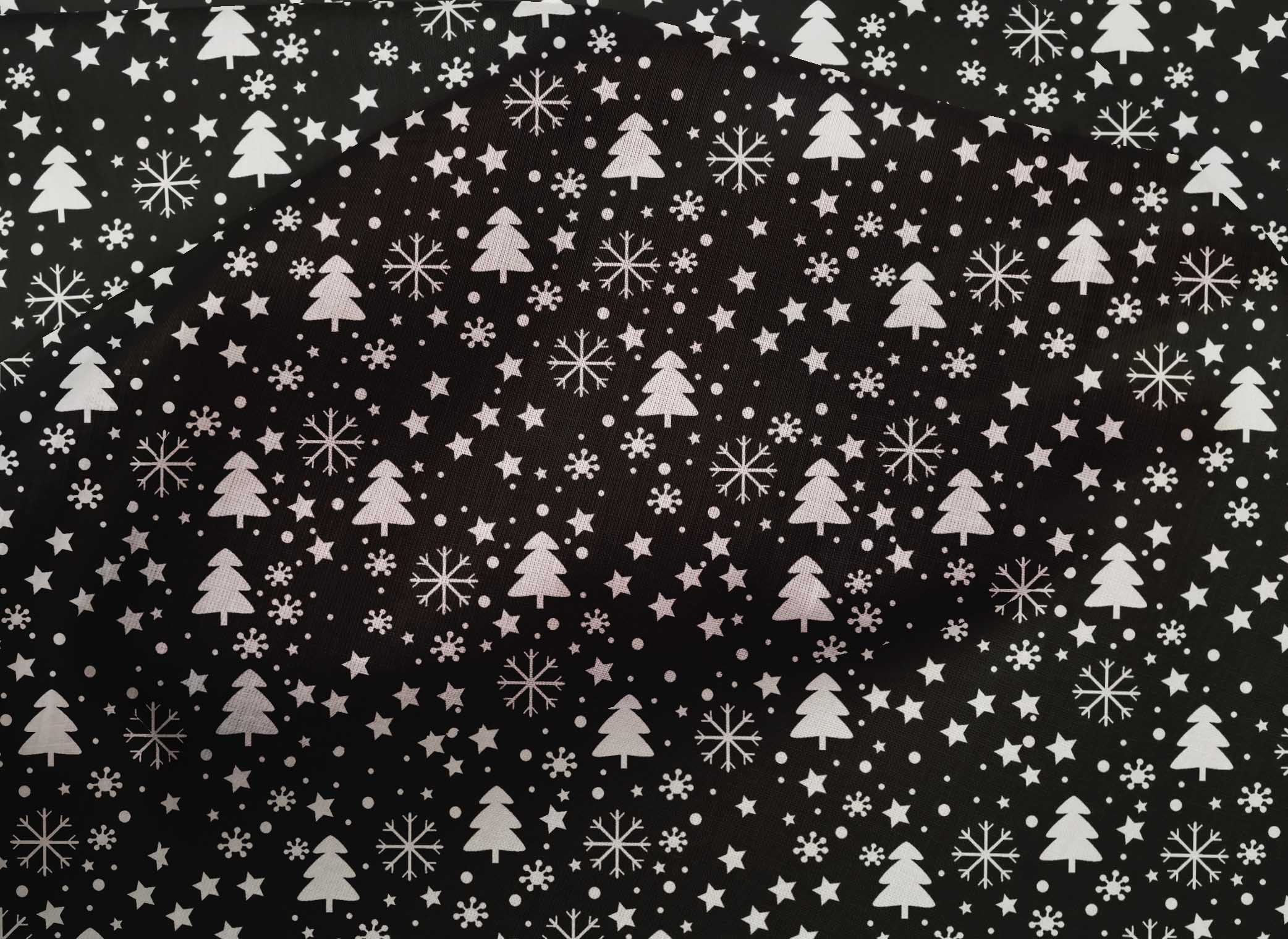 oneOone Cotton Cambric Black Fabric Snowflake,Star & Tree Sewing Material Print Fabric By The Yard 42 Inch Wide