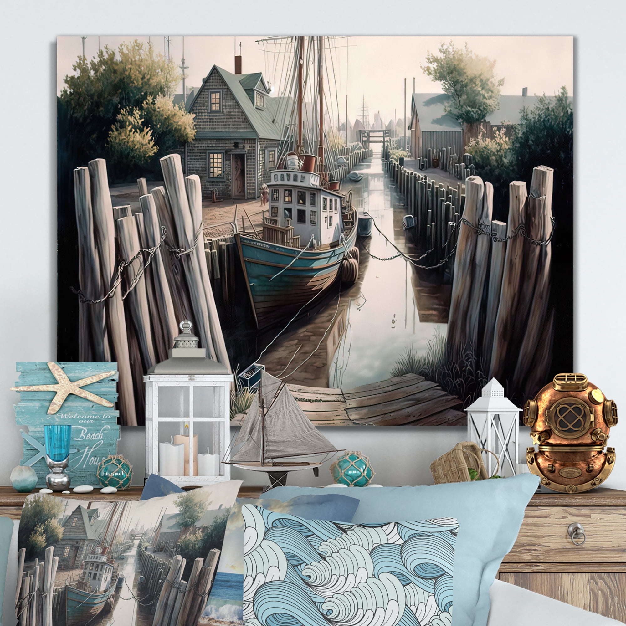 Designart Rustic Port With A Fishing Boat V Canvas Wall Art