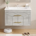 thumbnail image 1 of 24" Bathroom Vanity with Sink, Floating Bathroom Vanity with Ceramic Basin, 2 Large Storage Drawers with Gold Metal Handle, Modern Wall Mounted Bathroom Cabinet with Sink, Grey, 1 of 6