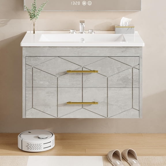 24" Bathroom Vanity with Sink, Floating Bathroom Vanity with Ceramic Basin, 2 Large Storage Drawers with Gold Metal Handle, Modern Wall Mounted Bathroom Cabinet with Sink, Grey