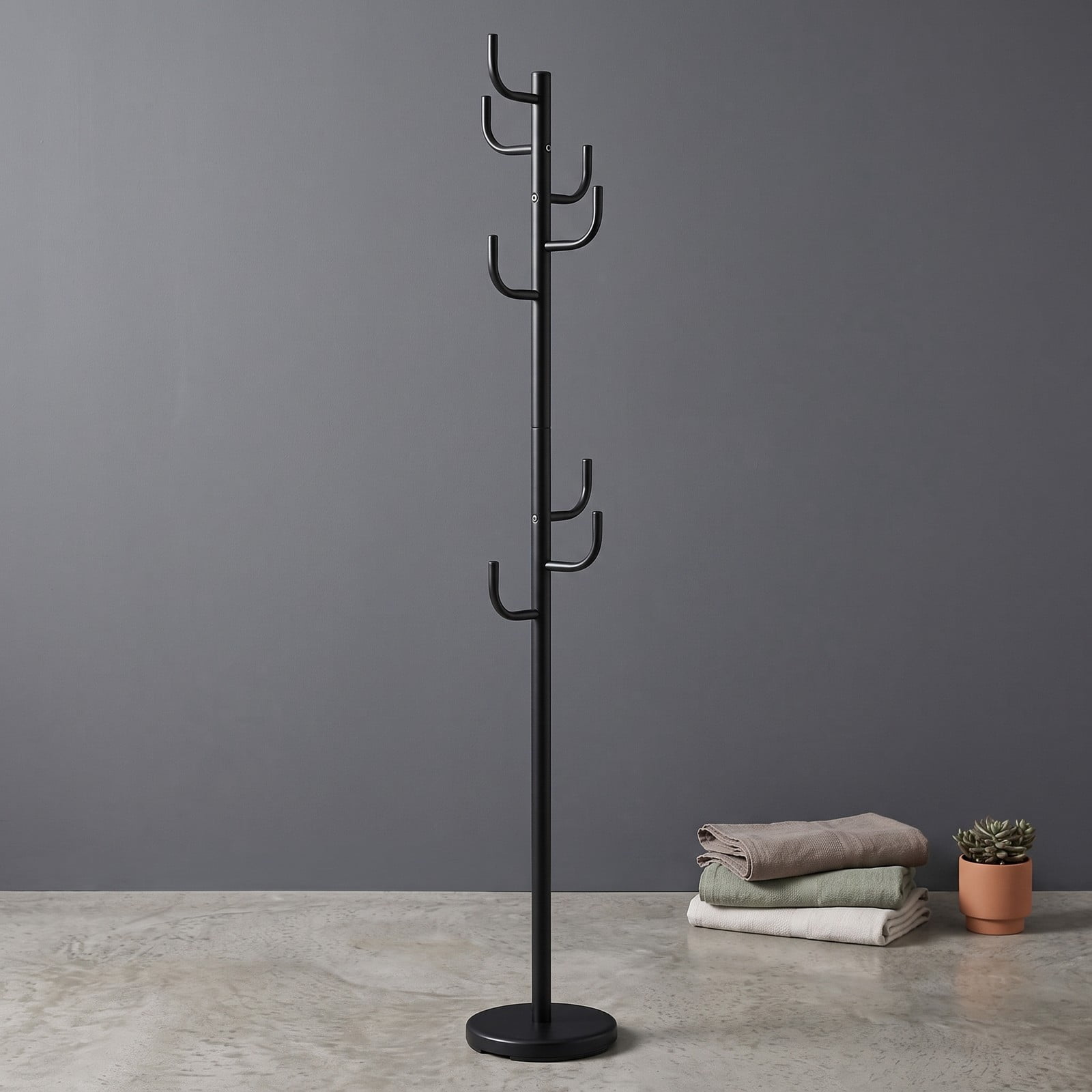 Furnibear Freestanding Coat and Hat Rack Stand with 8 Sturdy Hooks and Weighted Round Metal Base for Entryway and Bedroom, Black