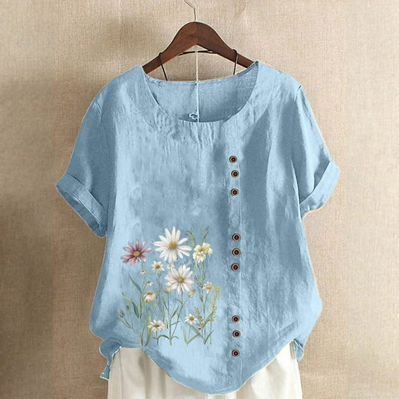 iHengLiXing Plus Size Spring Tops for Women 2025 Dressy Casual Women Casual And Linen Top Printed Short Sleeve Button Tunic T-shirt Blouse Blue L