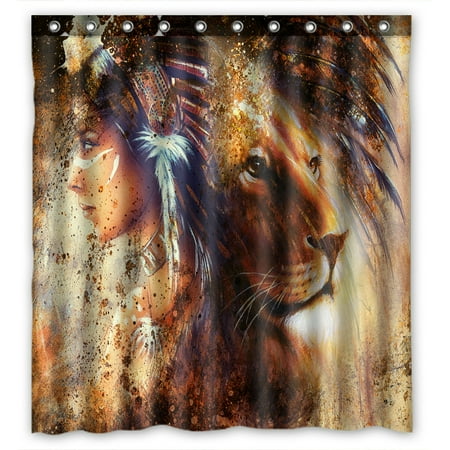 Detroit Lions Shower Curtain PHFZK Abstract Shower Curtain, Indian Woman Wearing Feather Headdress with Lion Polyester Fabric Bathroom Shower Curtain 66x72 inches ()