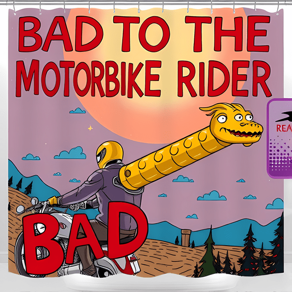 Whimsical Cartoon Biker Shower Curtain - Retro Style with Oversized Dragon Jetpack & Bold "BAD TO THE MOTORBIKE RIDER" Design