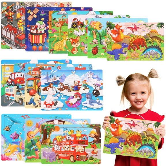 12-piece wooden puzzles, puzzles for kids, educational learning toys set for preschoolers, Christmas gifts for toddler boys and girls