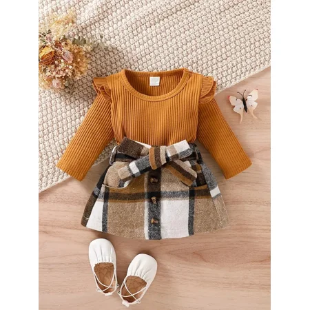 

GEDER-F Baby Girls Ruffled Knitted Sweater & Plaid Bow Skirt Set For Winter