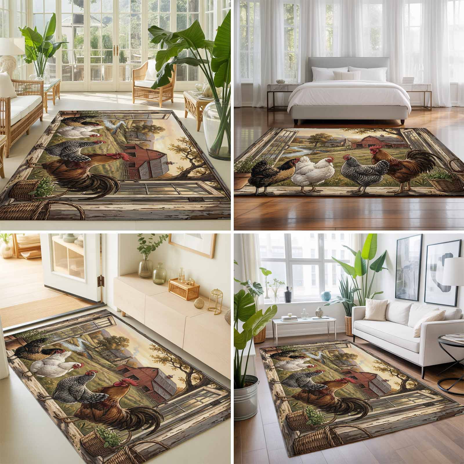 Large Area Rugs 5'x8', Vintage Rooster Carpet Runner Indoor Outdoor Rugs Home Decor Aesthetic, Barn Farmhouse Art Animals Tree Non Slip Mats Washable Accent Rug for Living Room Bedroom