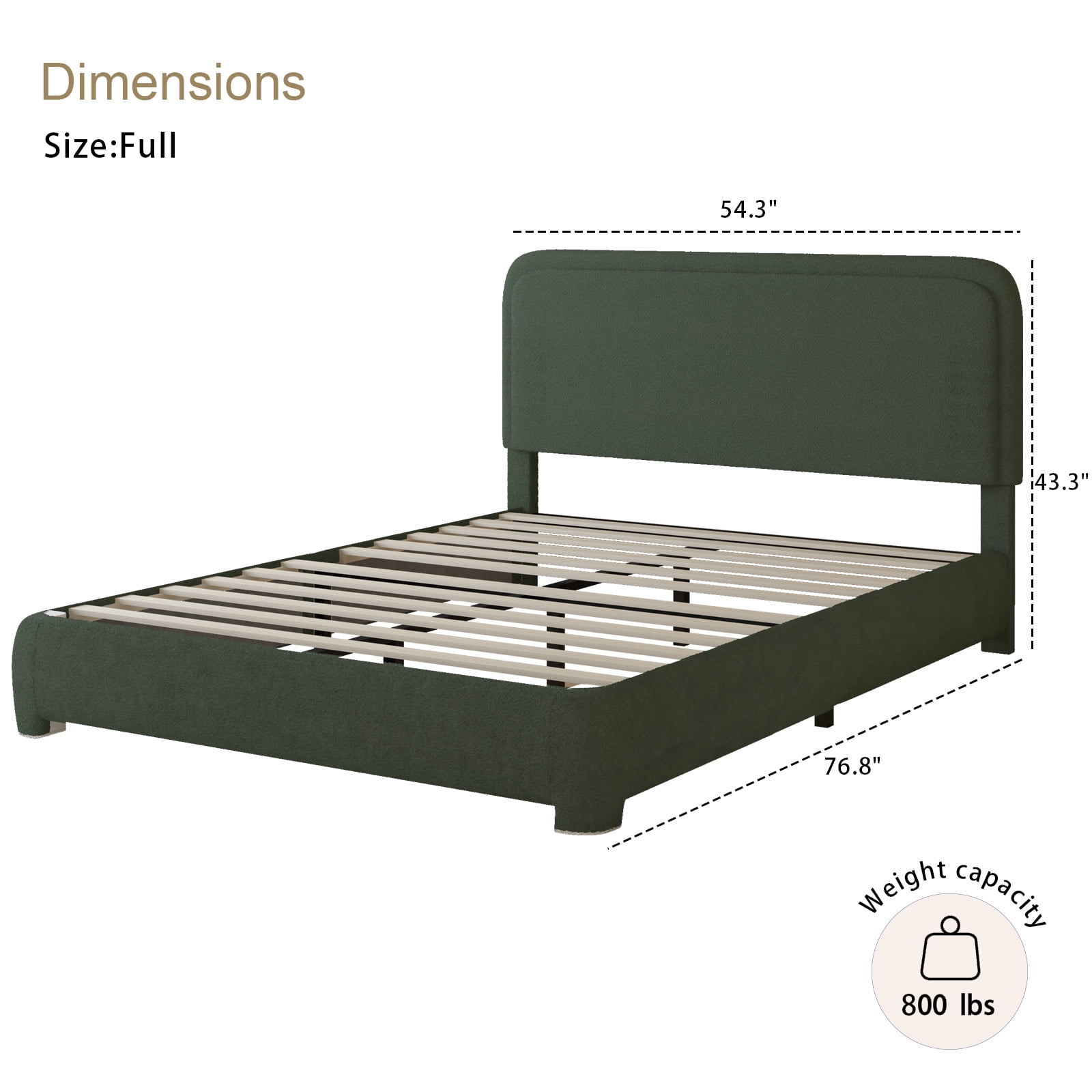 4 EVER WINNER Full Size Bed Frame, Boucle Upholstered Bed Frame with Headboard, No Box Spring Required, Easy Assembly, Green