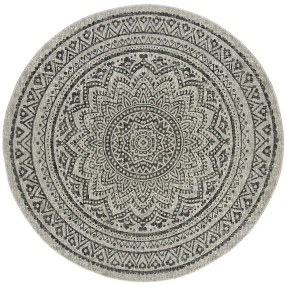 SAFAVIEH Courtyard Josiah Floral Medallion Indoor/Outdoor Area Rug, 6'7" x 6'7" Round, Light Grey/Black