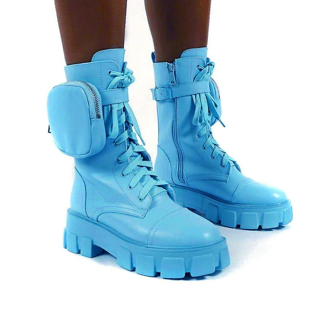 Women Combat Ankle Boots Chunky Platform Lace-up Zip Biker Shoes