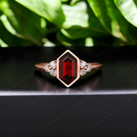 SHREENATHJEWELRY 8MM / 2CT Hexagon Garnet Engagement Ring Rose Gold Plated Bezel Set Jewelry CZ Diamond Personalized Gift Ring