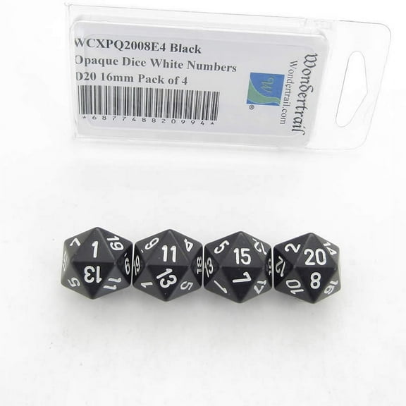 Black Opaque Dice with White Numbers D20 Aprox 16mm (5/8in) Pack of 4 Wondertrail