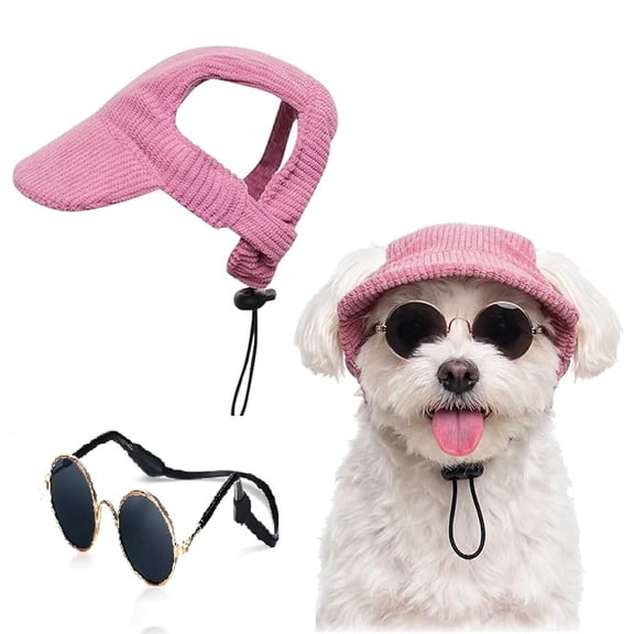 Small Dog Sun Hat with Ear Holes, Adjustable Dog Baseball Cap with Anti-Slip Rope, Puppy Summer Outdoor Beach Visor Hat, Dog Cat Sunglasses Headdress Set, Pink