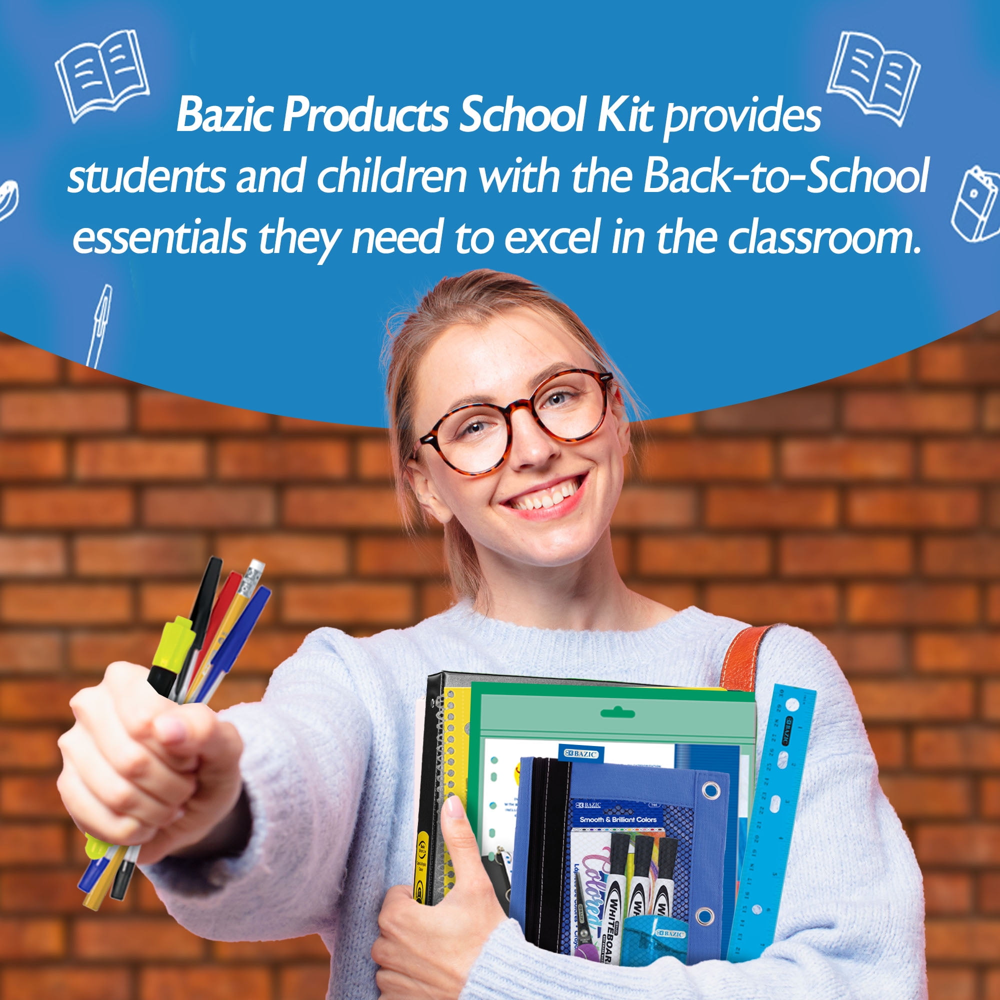 BAZIC Middle High School Kit Bundle Supplies Box 65 Count for Student 7-12 Grades, Bazic Products School Supplies Composition Books Binder and more, SPEC MAY VARY, 1-Pack