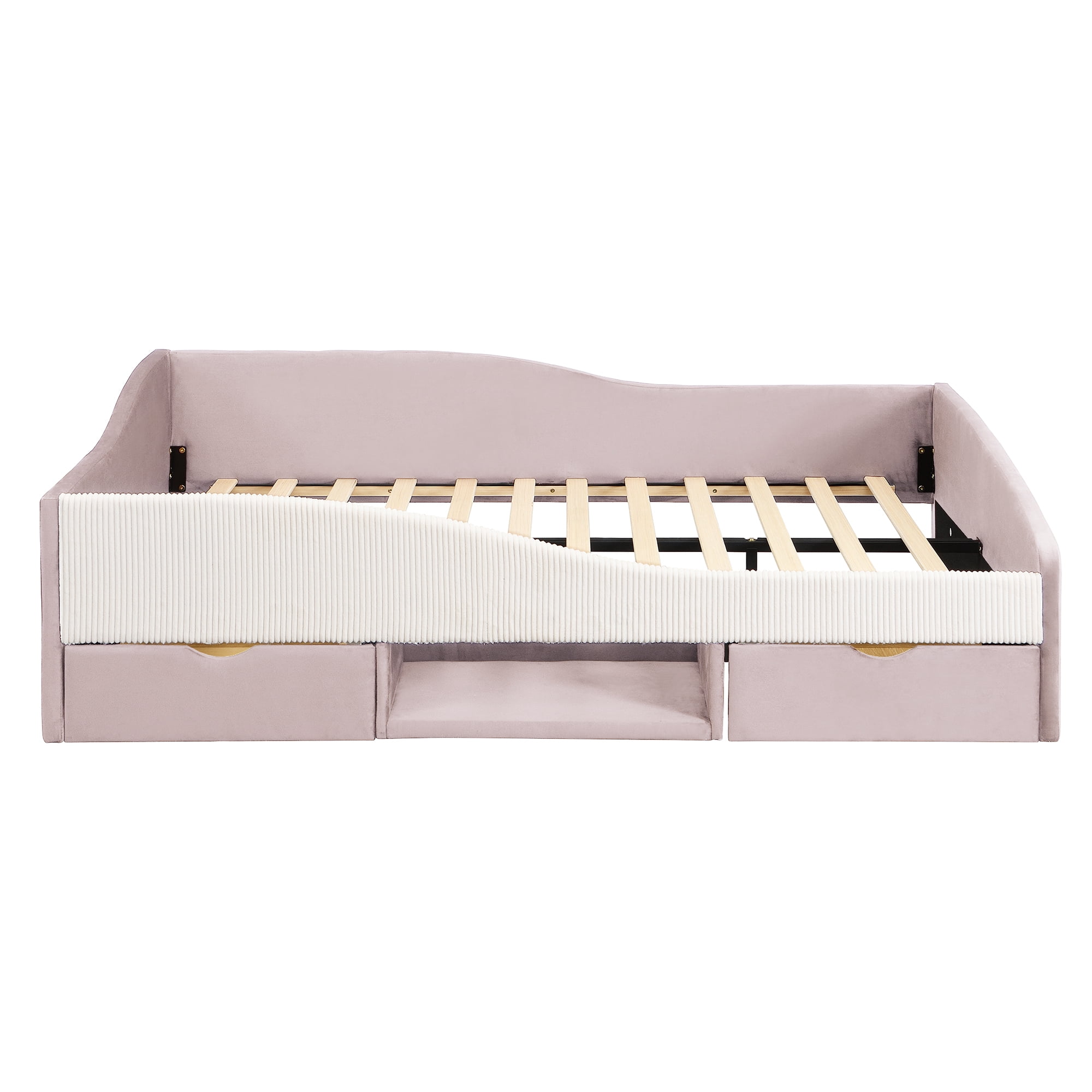 Aukfa Full Size Upholstered Daybed with 2 Storage Drawers, Shelf and Curved Guardrails, Velvet Bed Frame, Pink