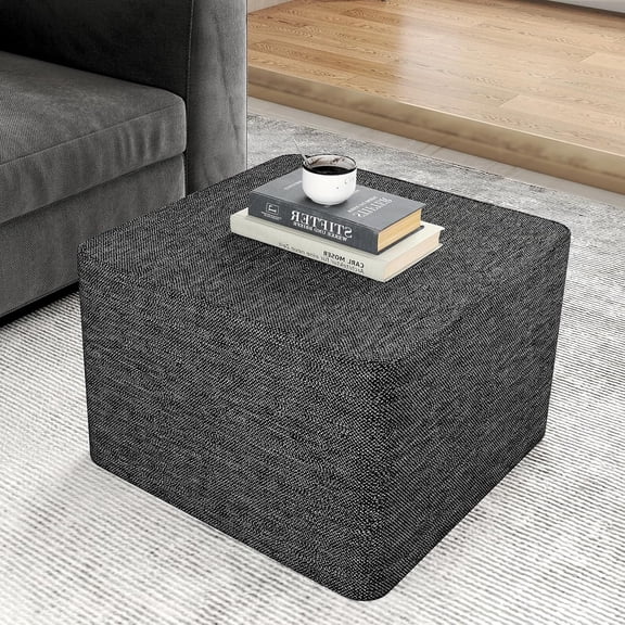 Square Stuffed Pouf Ottoman Foot Rest, Floor Pouf Foot Stool with Foam Chunk Filling, 24” x 24” Soft Stuffed Footrest for Living Room, Home & Bedroom Decor (Black, Ottoman)
