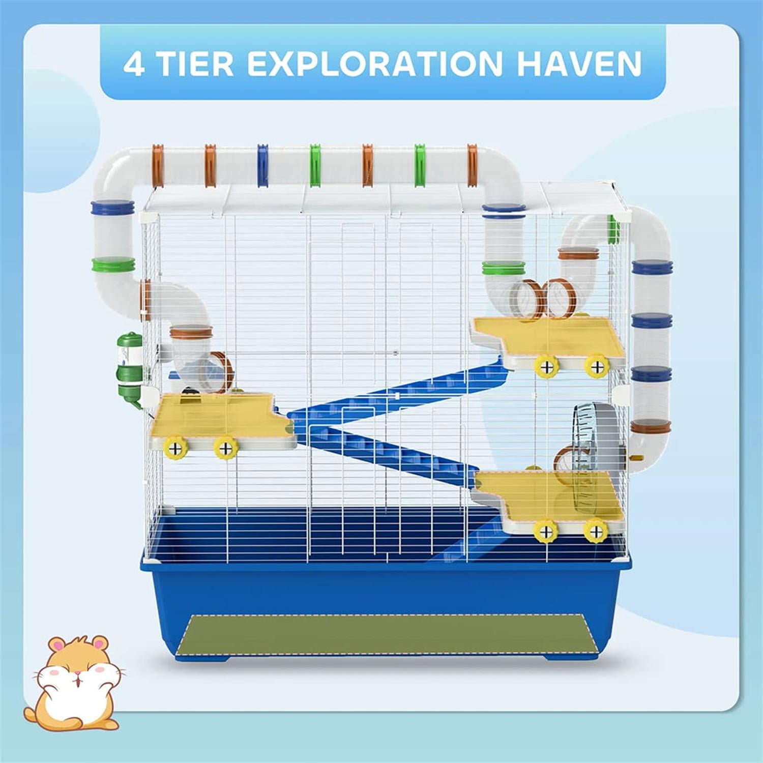 resenkos 30" Large Hamster Cage, Gerbil Cage with Tubes and Tunnels for Syrian Gerbil, 4 Tiers Small Animal Habitats Exercise Wheel, Water Bottle, Blue
