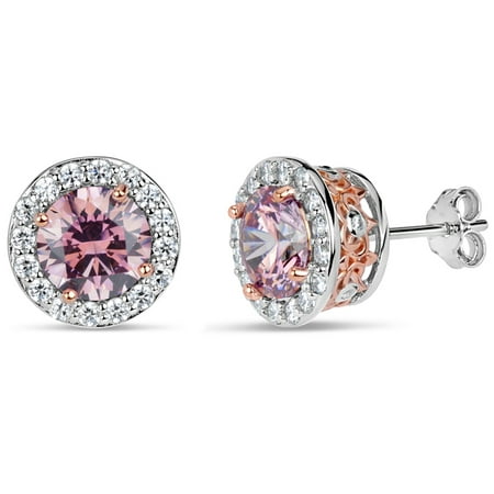 7 mm Pink Round Swarovski Cubic Zirconia Sterling Silver Two Tone Rhodium And 18kt Rose Gold Plated Halo Filigree Sides Stud Earrings