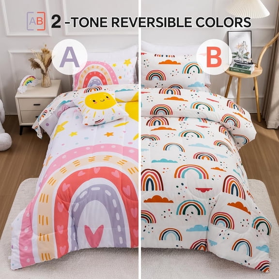 5 Piece Pink Rainbow Comforter Set for Girls Boys Kids, Full Size Cartoon Love Hearts Flowers and Sun Star Bedding Set, Bed in a Bag with Comforter, Sheets and Pillowcases