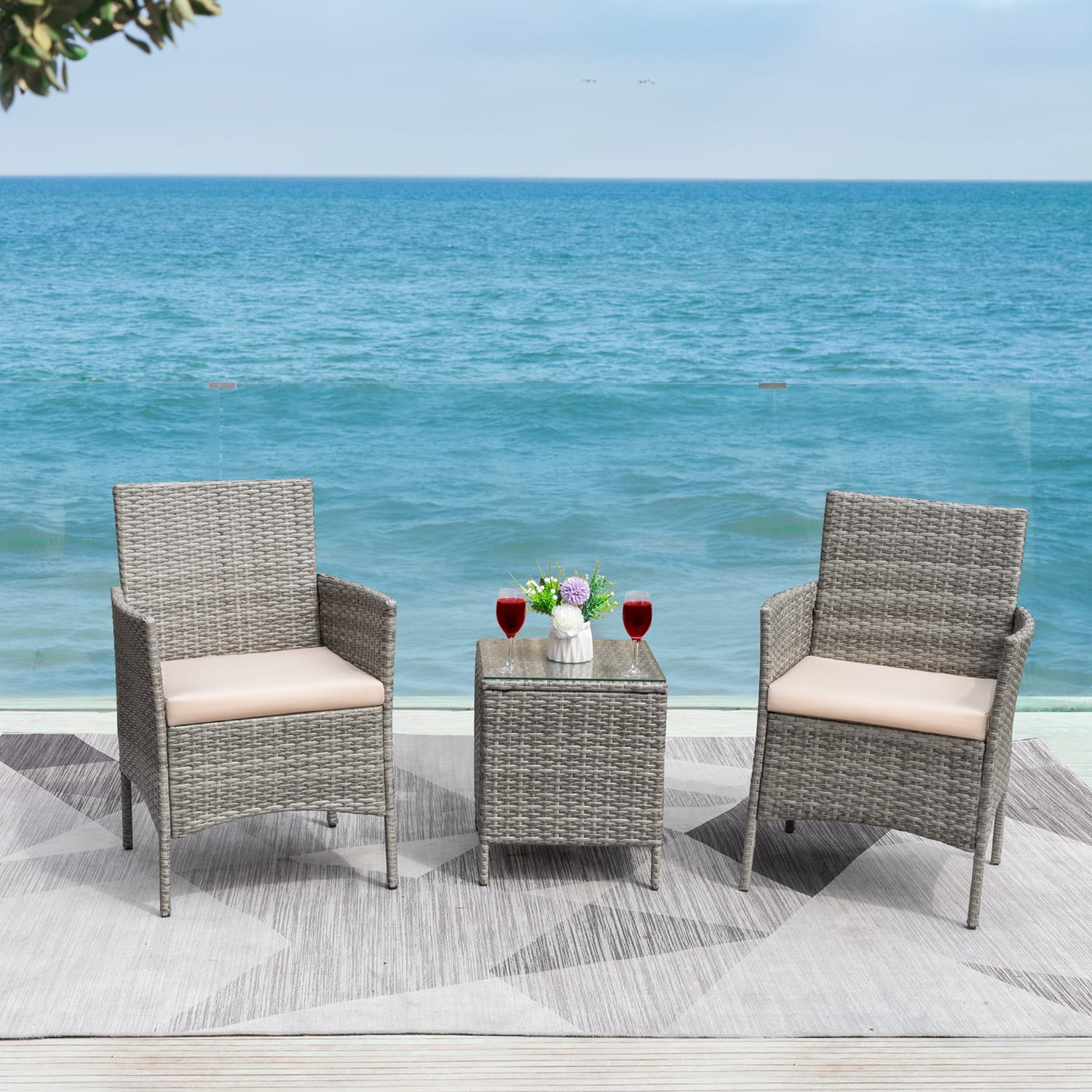 Devoko 3 Pieces Patio Furniture Set Outdoor Conversation Set Wicker Bistro Chairs Set of 2 with Coffee Table for Porch Backyard Balcony,, Gray/Beige