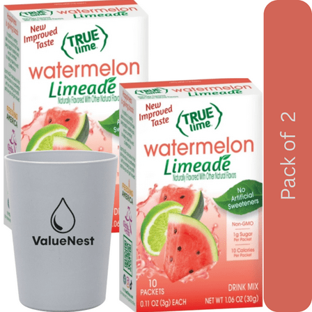 True Lime Watermelon Limeade Drink Mix 10 Ct, 2 Pack with Glass by Value Nest