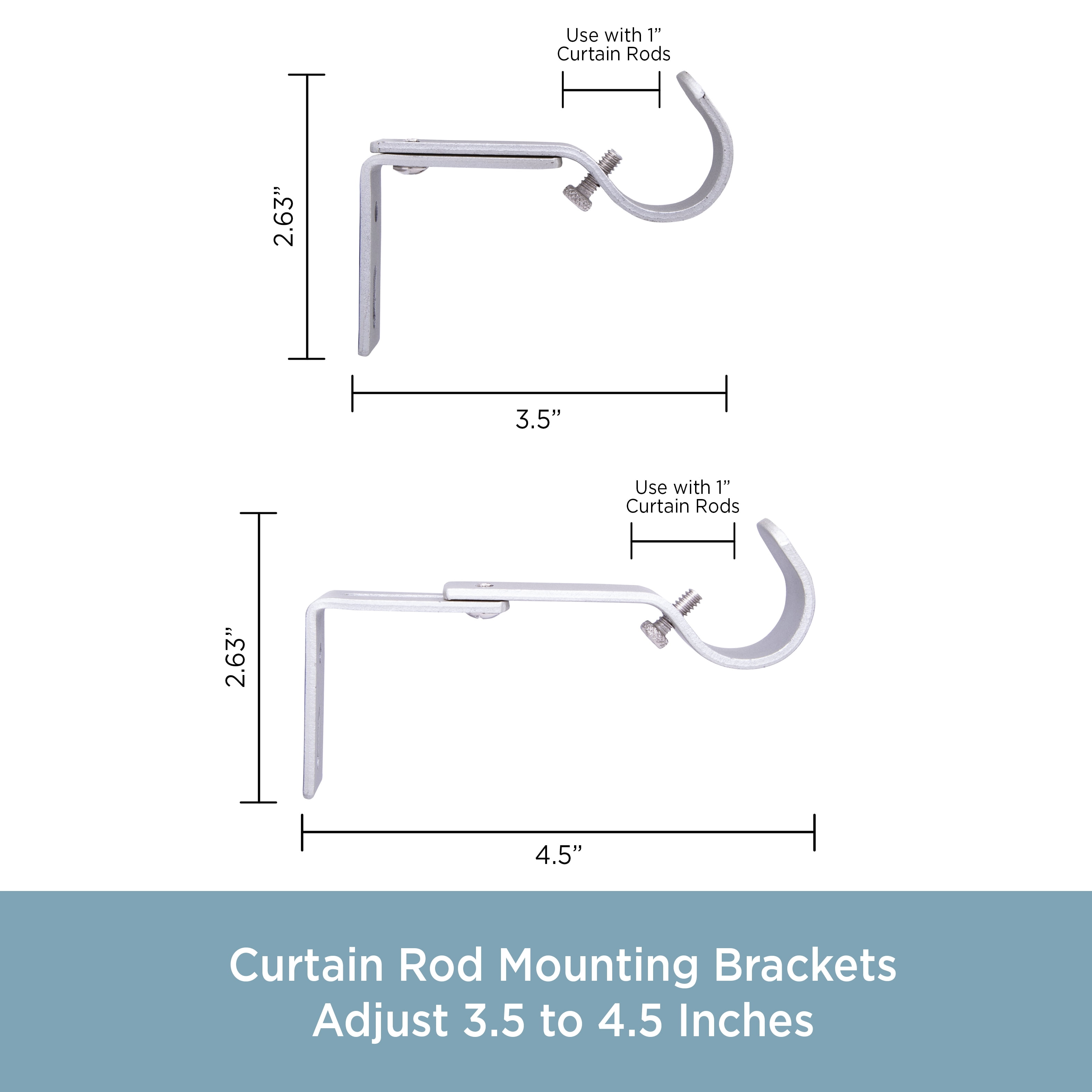 Kenney 1" Adjustable 3.5-4.5" Curtain Rod Mounting Brackets, Set of 2, Satin Nickel