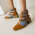 thumbnail image 1 of Ladies Chunky Heel Colorblock Belt Buckle Back Zipper Mid Heel Motorcycle Boots, 1 of 9