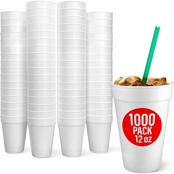 Styrofoam Cups 12 Oz, 1000 Count Disposable Foam Cups for Coffee, Tea, Hot Cocoa, Soup, Broth, Smoothie, Soda, Juice