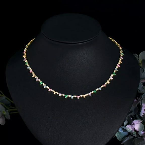 Multicolor Yellow Gold Plated CZ Pageant Costume Round Tennis Chorker Necklace