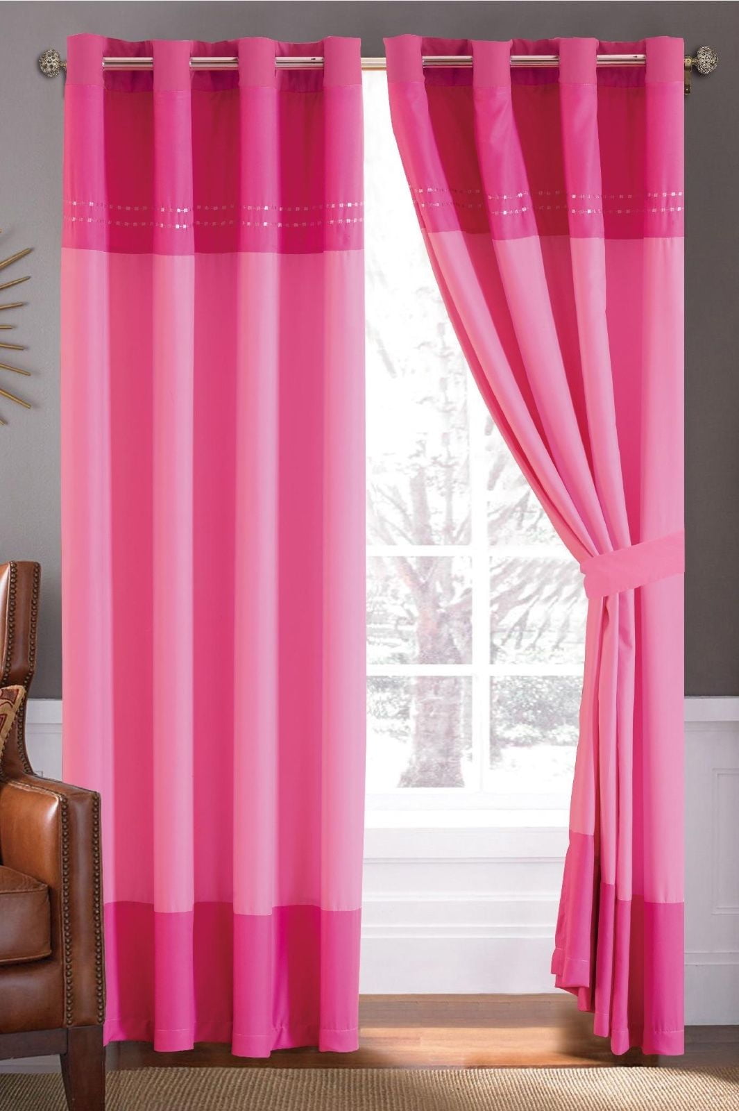 Luxury Embroidered Window Curtain Set (2) Panels Grommet 21106 Hot Pink