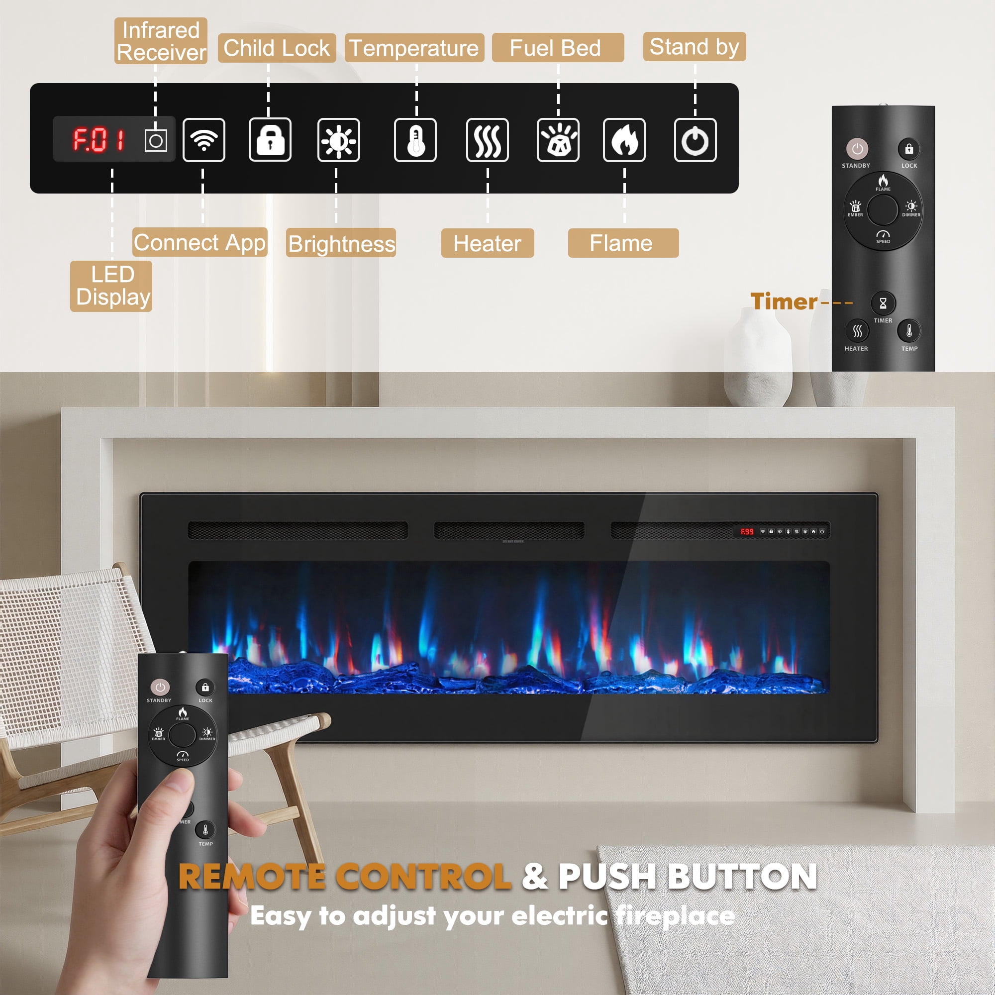 UrbanSync 60" Electric Fireplace WiFi, Freestanding/Inserts/Wall Mounted Fireplace Heater with Alexa, App/Voice Control, 12 Flame Colors, Timer, Log and Crystal