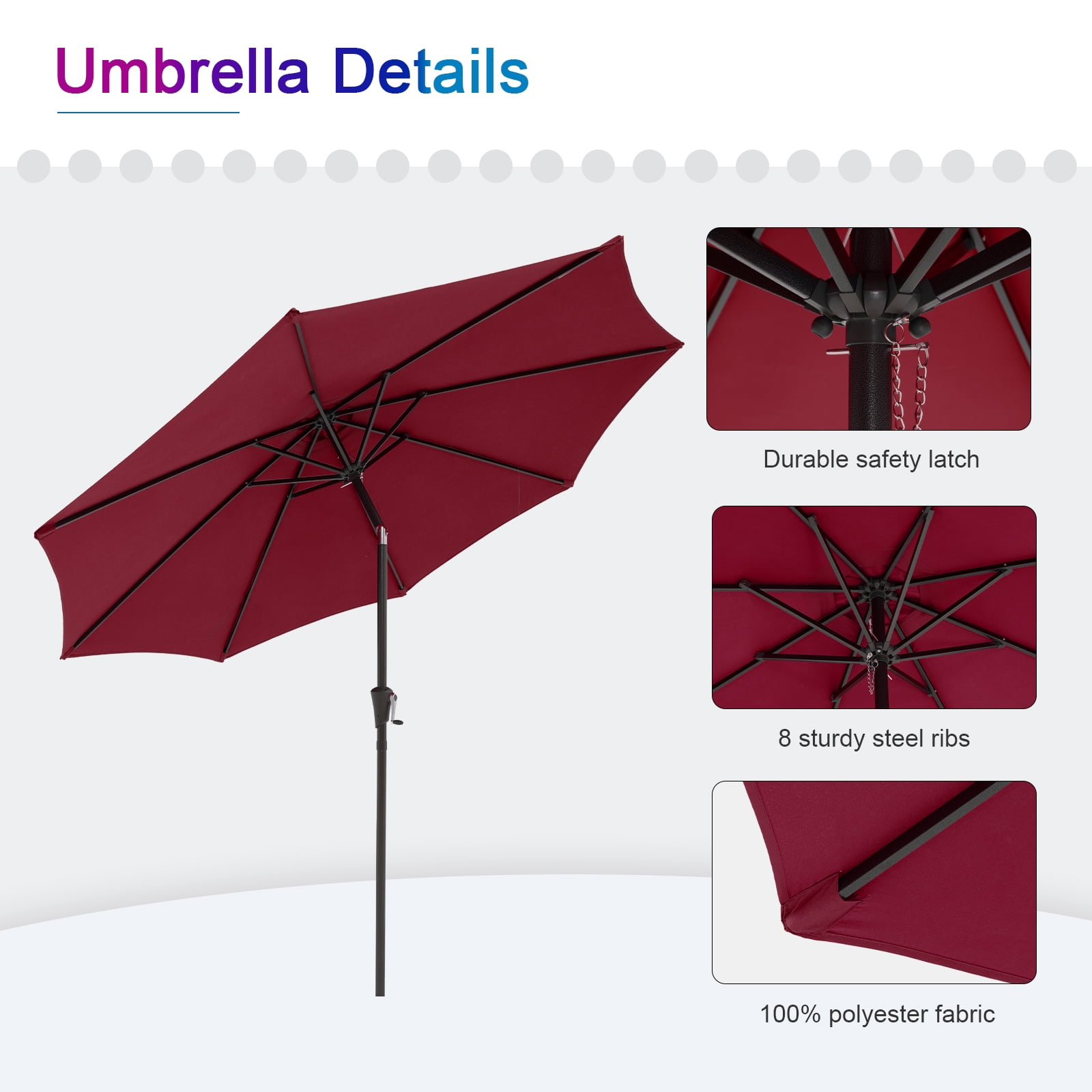 9ft Outdoor Patio Umbrella, with Push Button Tilt and Crank Sysytem, Sturdy Power Coated Frame, for Garden, Poolside, Deck and Backyard, Red