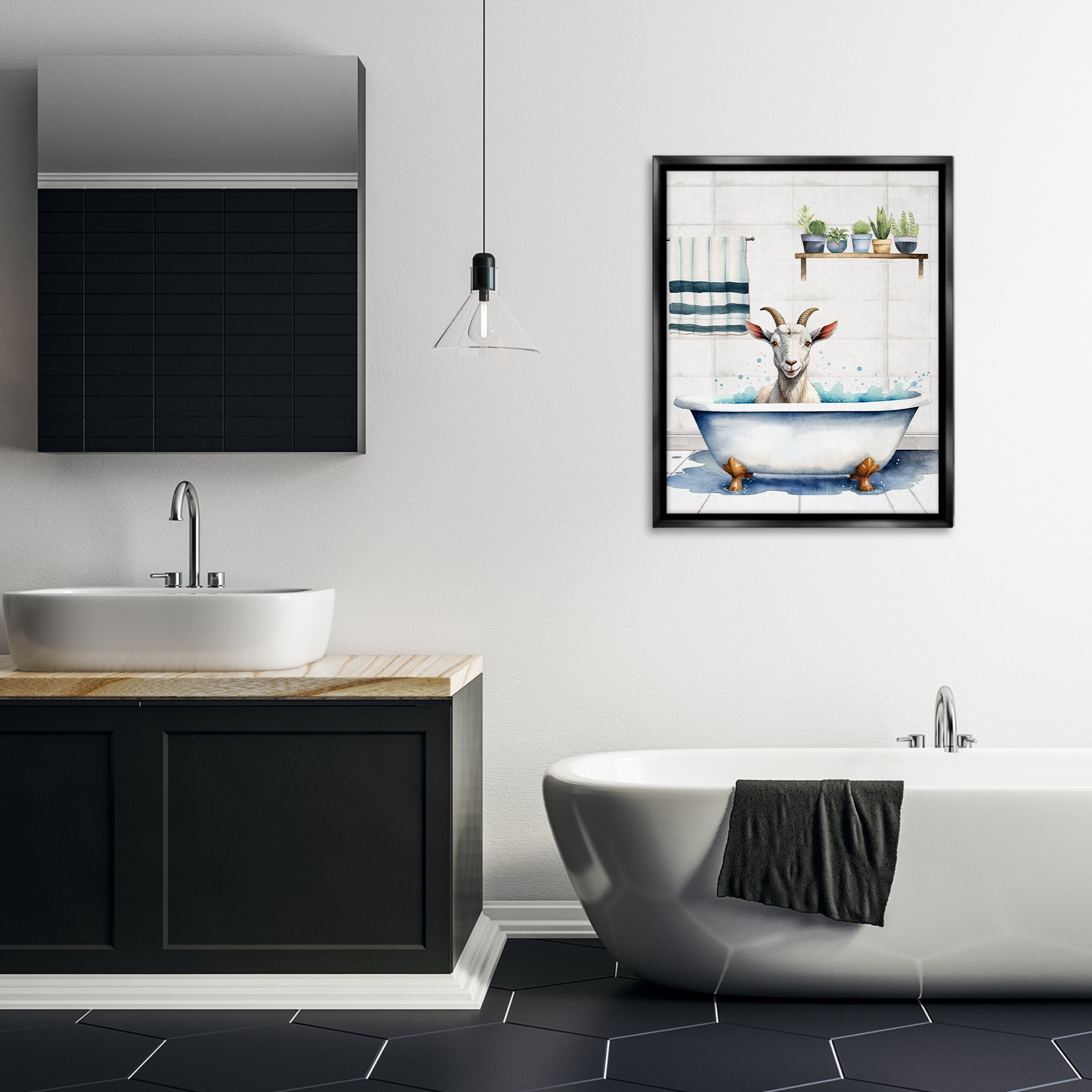 Stupell Industries Goat Bathtime Suds Bath & Laundry Painting Black Floater Framed Canvas Art Print Wall Art, 25 x 31