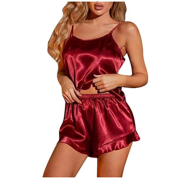 Pajamas Set Sexy Women Satin Sleepwear Lingerie 2 Piece Pjs Cami top and  Shorts Sleep Camisole Nightwear Gift for Ladies