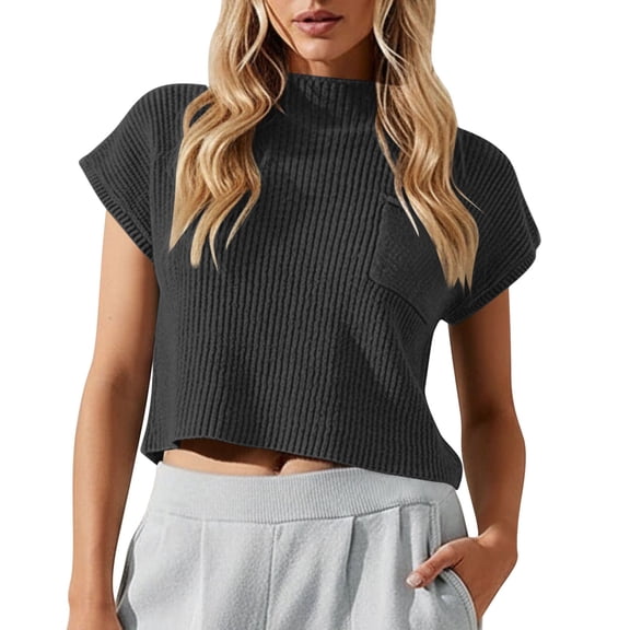 WAGUTH Women's Ribbed Knit Mock Neck Cropped Tops Cap Sleeve Y2K Casual Sweater Summer Pullover Shirts