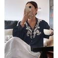 thumbnail image 6 of Women Embroidered Puff Sleeve Blouse, Vintage Floral Boho V-Neck Button Down Shirts with Smocked Cuffs Navy Blue XL, 6 of 9