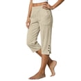 thumbnail image 2 of Cotton Linen Capri Pants for Women Petite Tailored Split Button Elastic Waist Capris Light Weight Summer Casual, 2 of 7