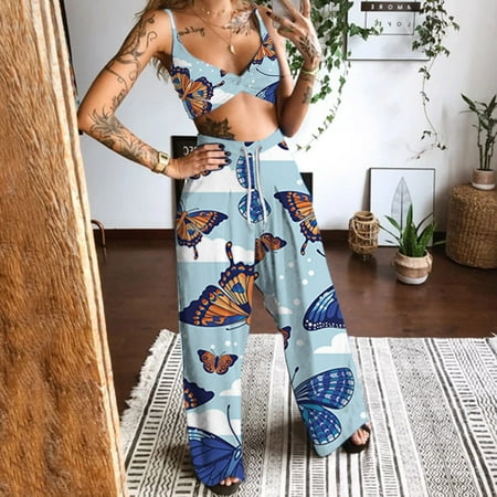 

The Lingerie Women Casual Butterfly Printed Sleeveless Camis Tops+Long Pants 2 Piece Set for Women