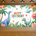 thumbnail image 3 of Dinosaur Theme Happy Birthday Banner Tropical Design Kids Party Celebration Backdrop for Outdoor Decor Birthday Event Photography, 3 of 8