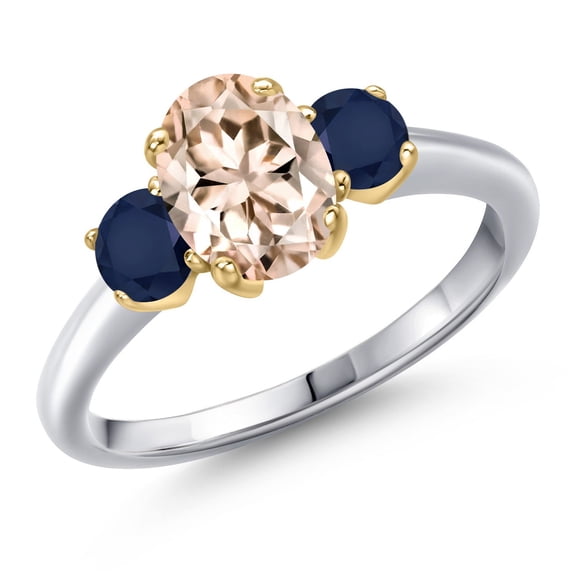 Gem Stone King 925 Silver and 10K Yellow Gold Peach Morganite and Blue Sapphire Engagement Ring for Women | 1.70 Cttw | Oval 8X6MM | Gemstone October Birthstone | Size 6