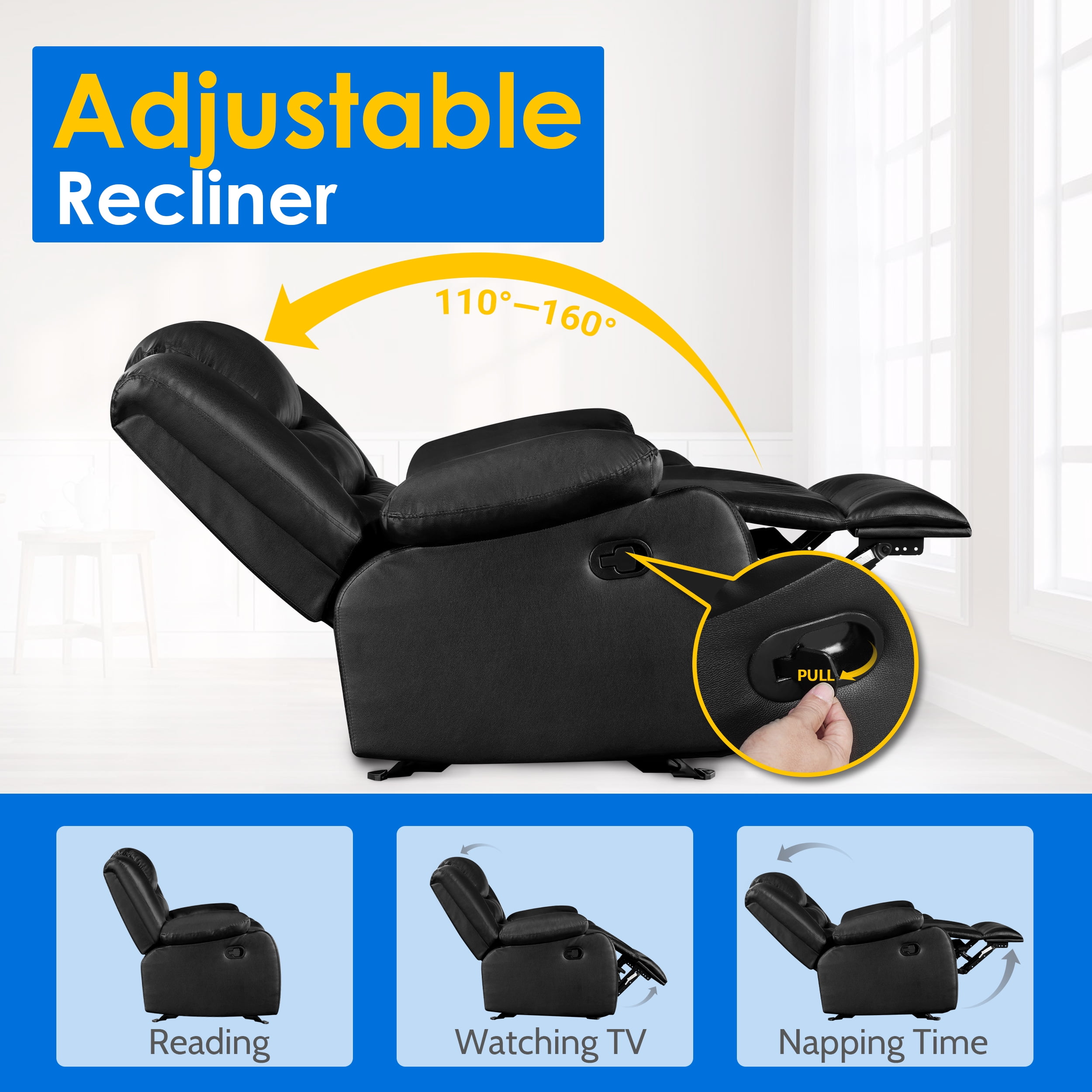TrumanPick Recliner Chairs for Audlts, PU Leather  Rocker Recliners Small Spaces Sleeper Sofa Chair for Living Room, Black