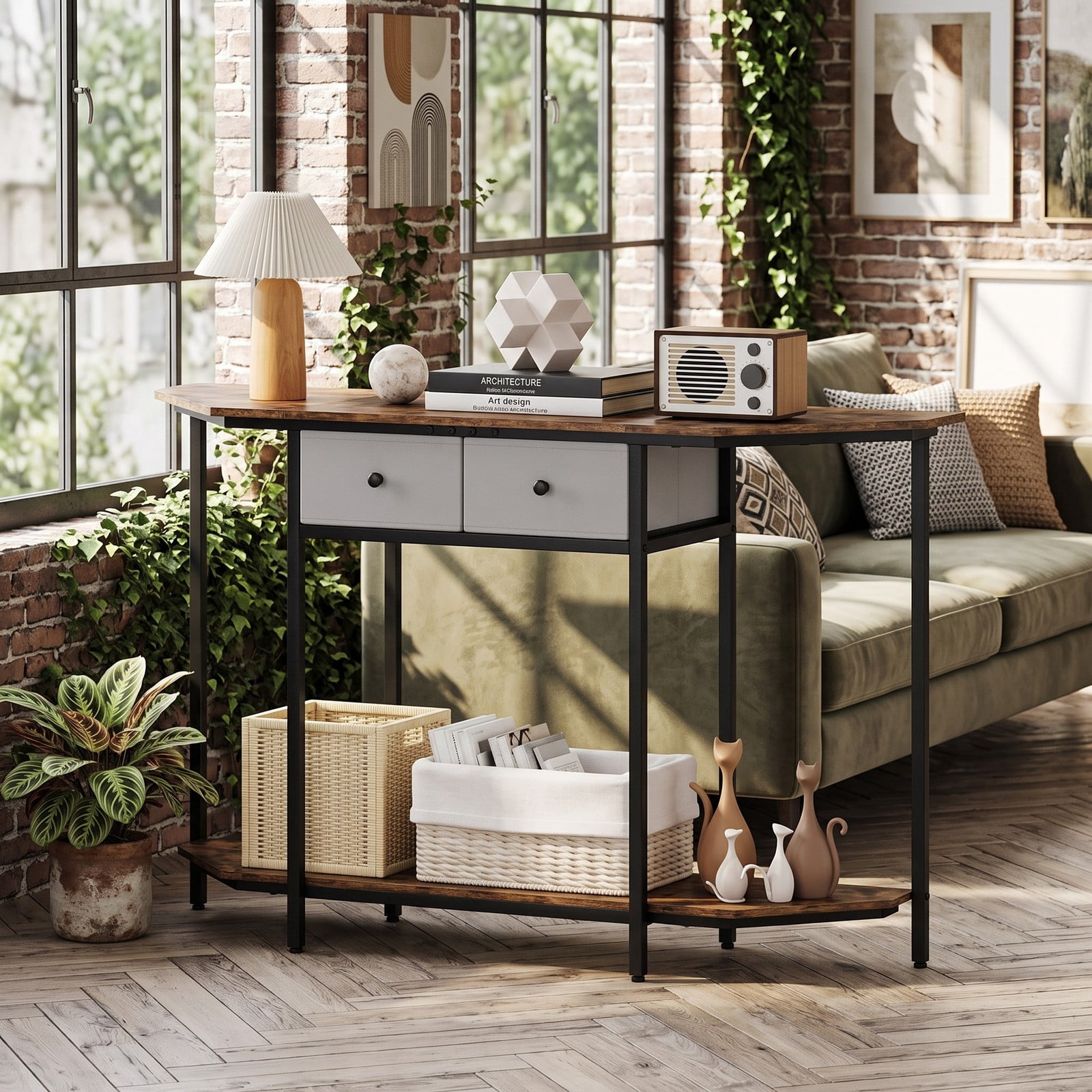 Furnibear Console Table with 2 Drawers and Polygonal Top and Open Storage Shelf and Metal Frame for Entryway, Rustic Brown